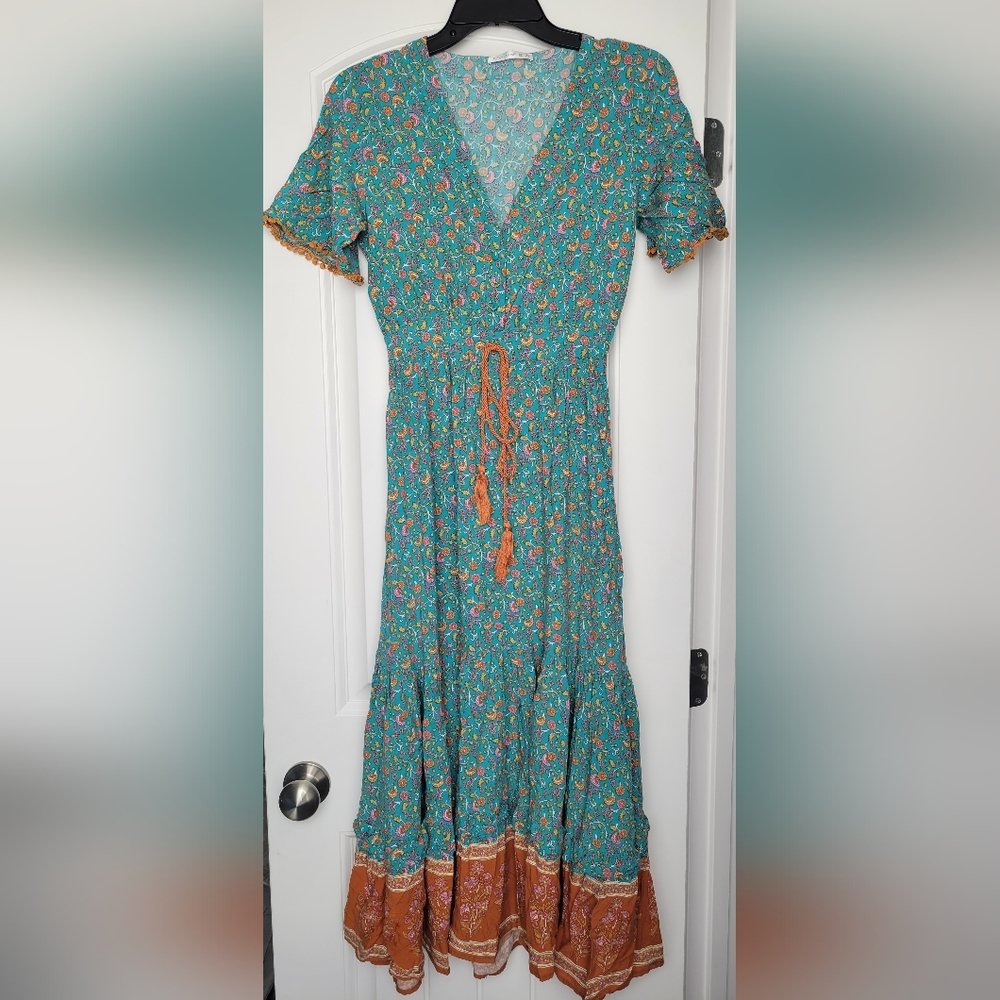 Floral Midi Dress in Teal and Orange